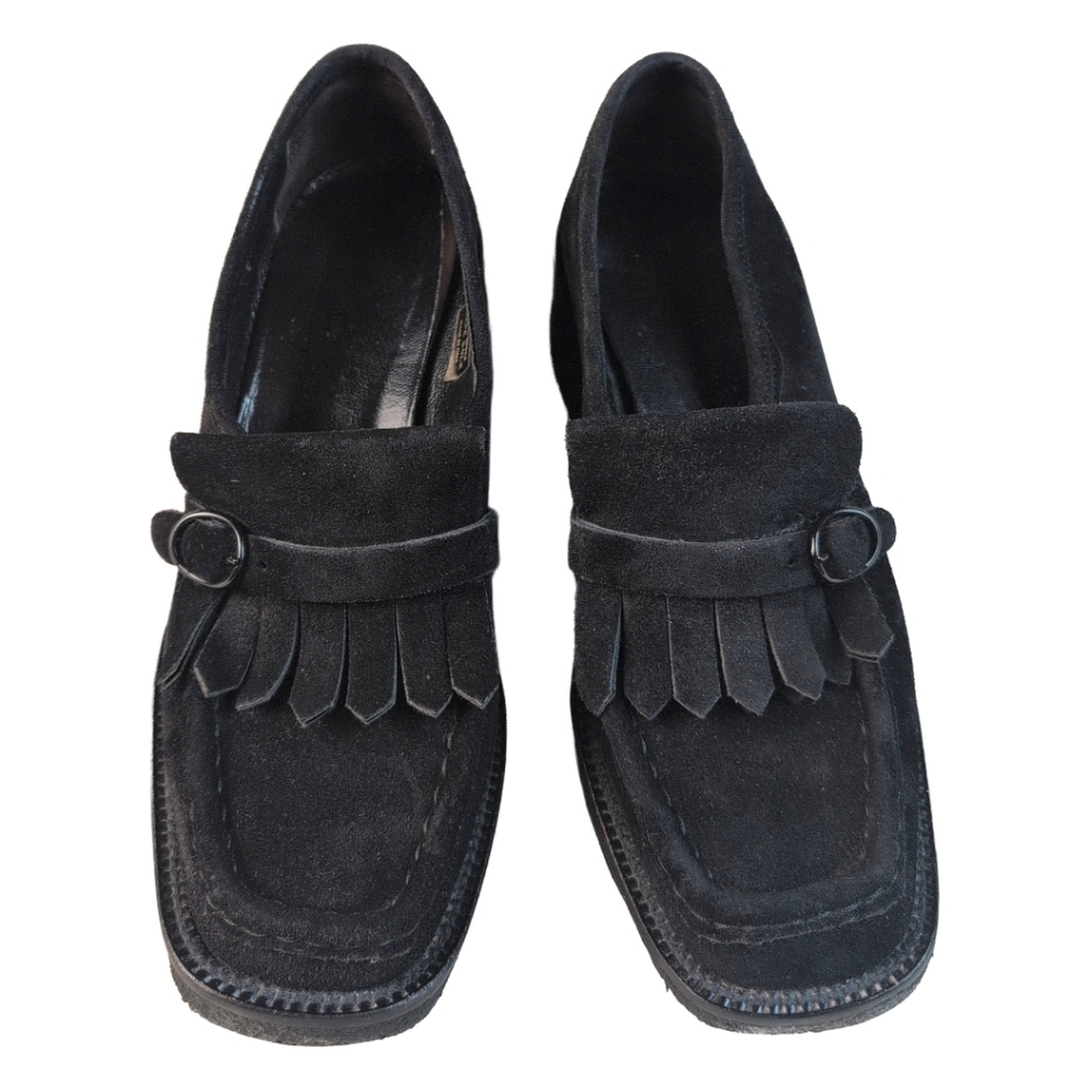 Room black crepe leather loafers fringe Y2K 90s chunky soles Sz‎ 8 Made In Italy
